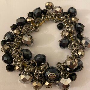 Vintage ALI KHAN New York Bracelet Cluster Black Clear Glass Beads Stretch